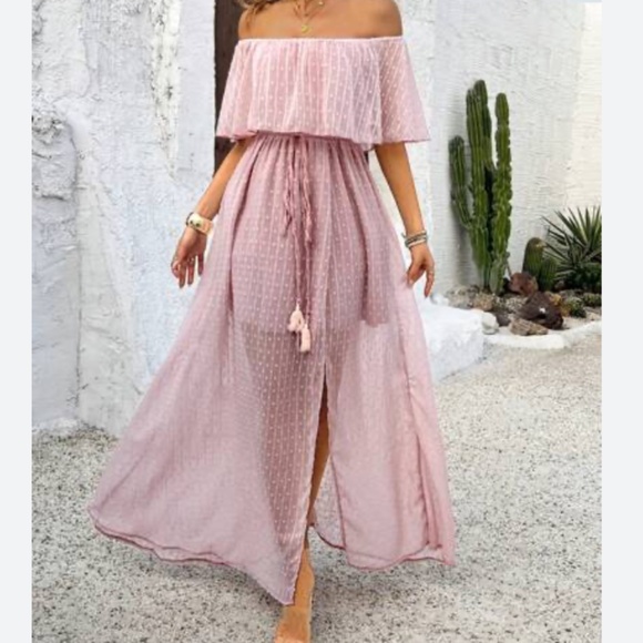 SHEIN Blush Pink Off Shoulder Sheer Gathered Flowy Dress - size small - Picture 1 of 7